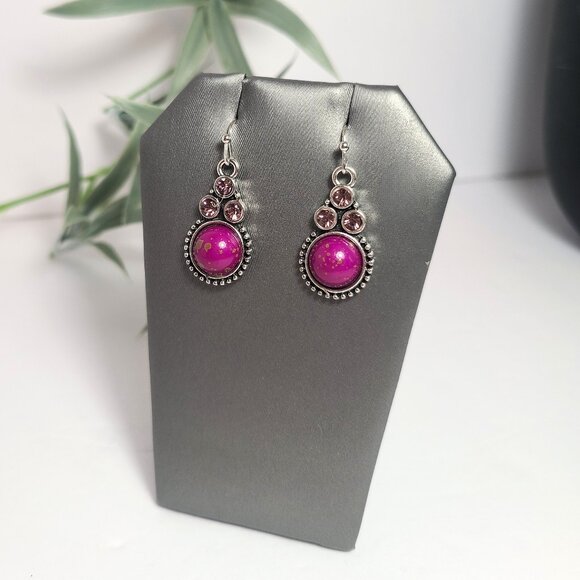 Jewelry - Pink Stone & Crystal Dangle Earrings – Silver Tone Boho Chic